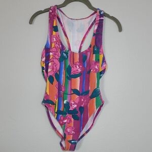 Vintage Marika 80s Swimsuit One Piece Size L Colorful Floral High Cut Cheeky